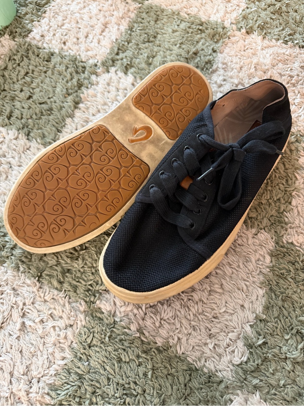 OluKai Black Knit Low-Top Sneakers with Tan Gum Outsole